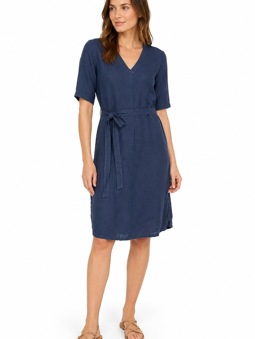 Sandwich 100% Linen Navy Blue V-Neck Midi Dress Tia Waist Studio Amsterdam - 36
